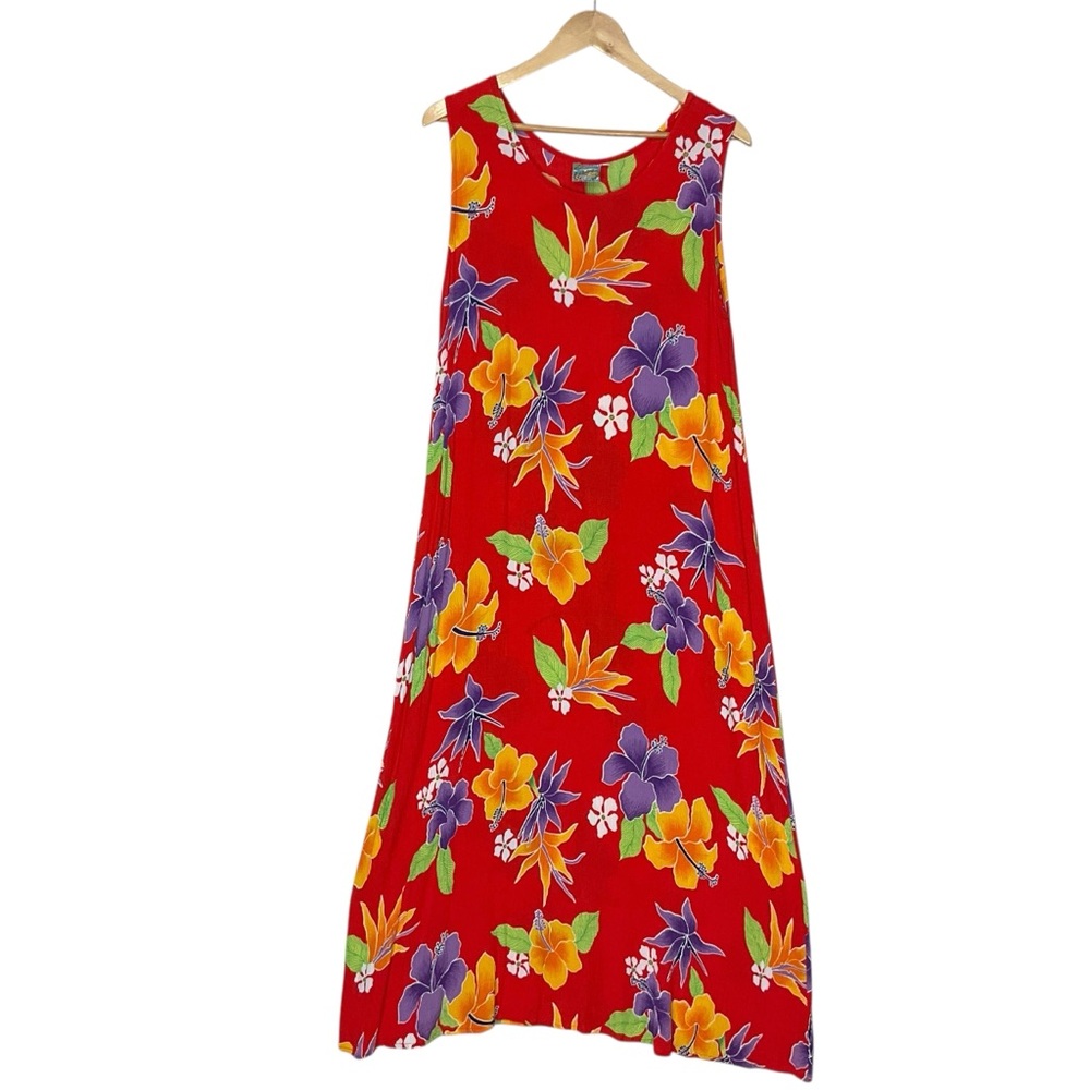 vtg PINEAPPLE MOON One Size Hawaiian Theme Maxi Dress Floral Sleeveless Red + - Picture 2 of 6